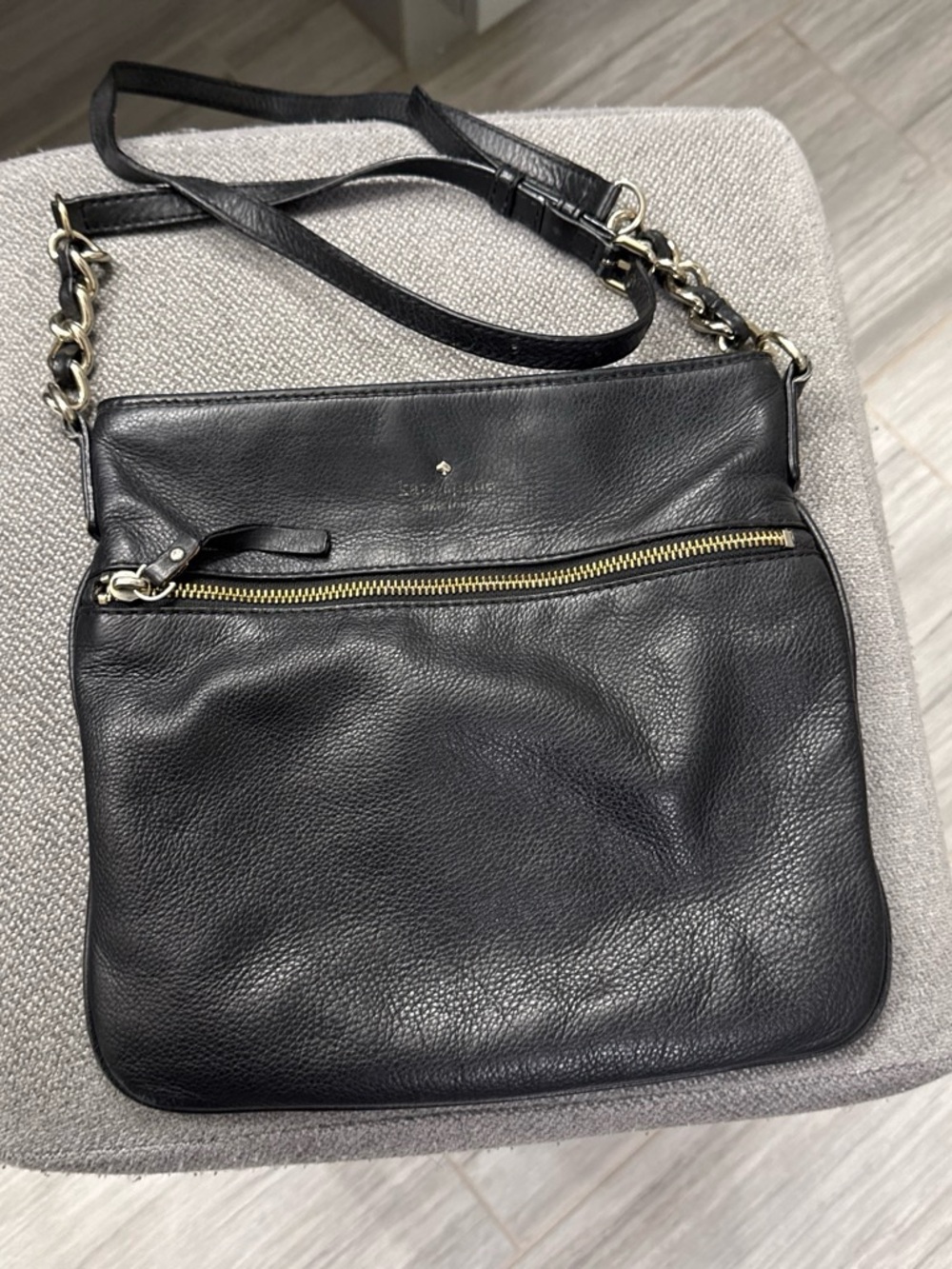 kate spade Black Leather Crossbody with Gold Chain Accent